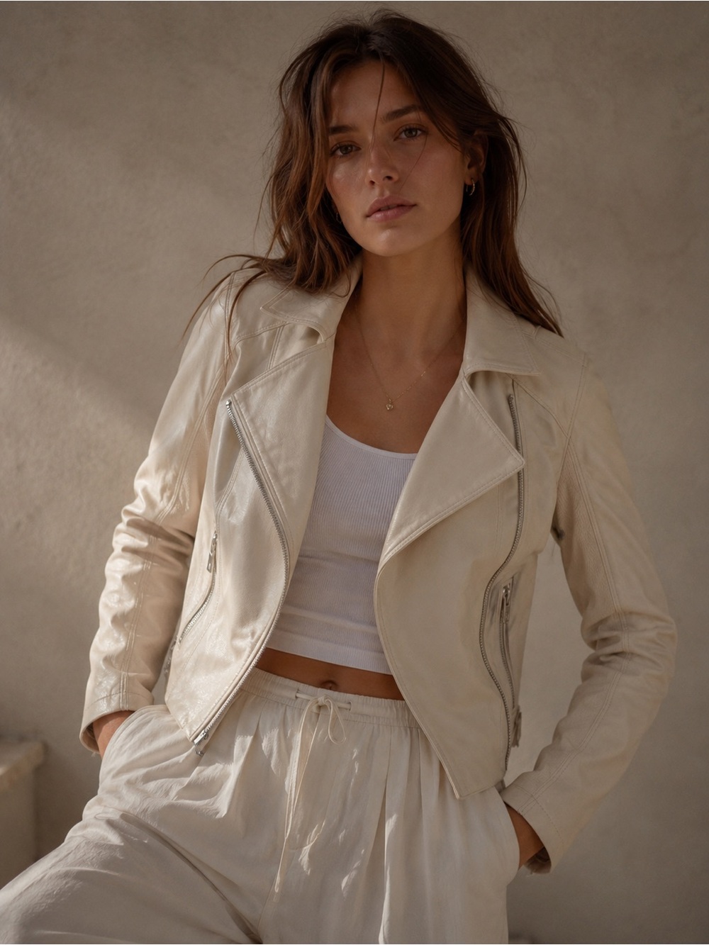 BLANKNYC Cream Faux Leather Moto Jacket Minimalist Quiet Luxury Jacket Small
